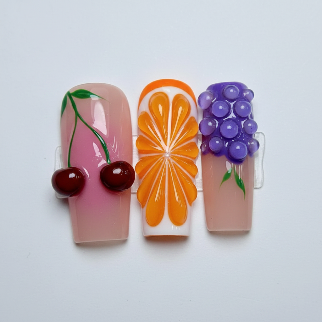 Macro close-up 3D cherry orange citrus purple grape gel nail art mixed fruit custom press-on nails — LuxepressCo