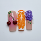 Macro close-up 3D cherry orange citrus purple grape gel nail art mixed fruit custom press-on nails — LuxepressCo
