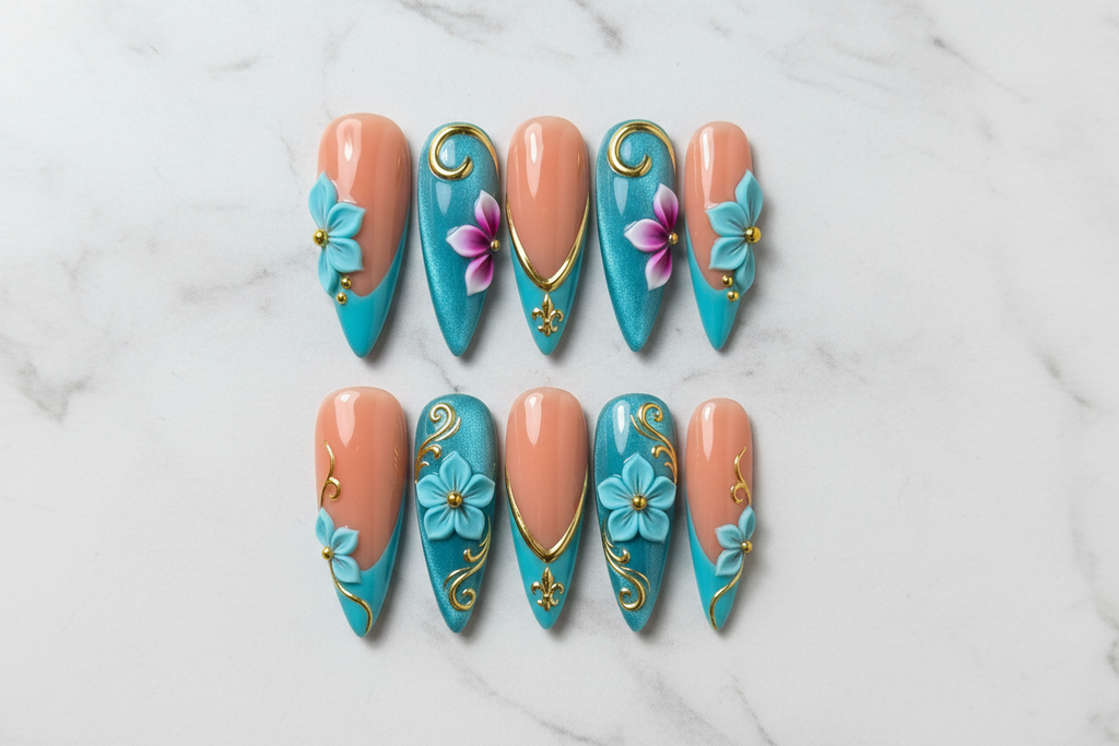 Flat lay top-down full set 10 teal gold 3D floral stiletto salon-quality press-on nails — LuxepressCo