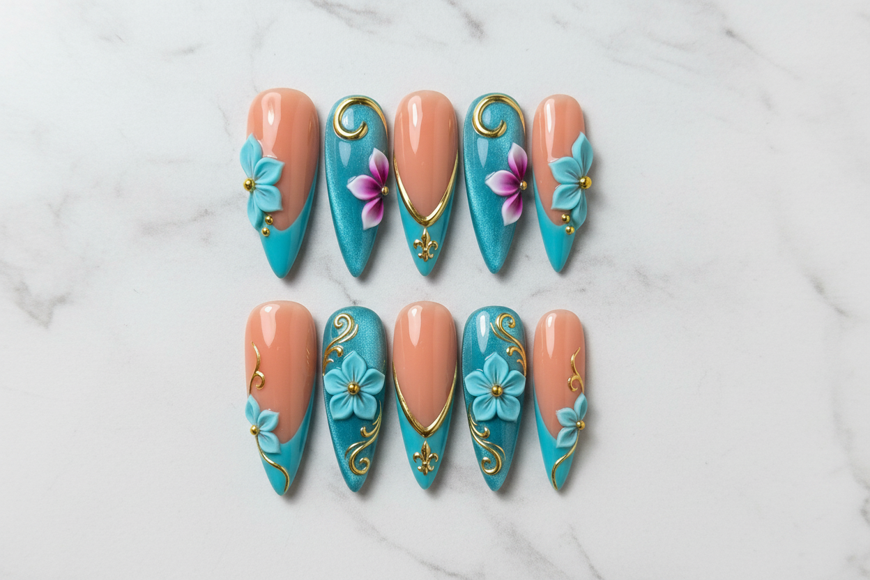 Flat lay top-down full set 10 teal gold 3D floral stiletto salon-quality press-on nails — LuxepressCo
