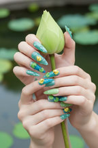 Light-skin hands holding lotus flower wearing teal mint jelly glass 3D rubber duck lily pad custom press-on nails — LuxepressCo