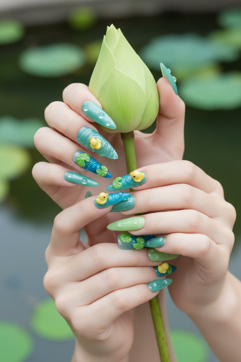 Light-skin hands holding lotus flower wearing teal mint jelly glass 3D rubber duck lily pad custom press-on nails — LuxepressCo