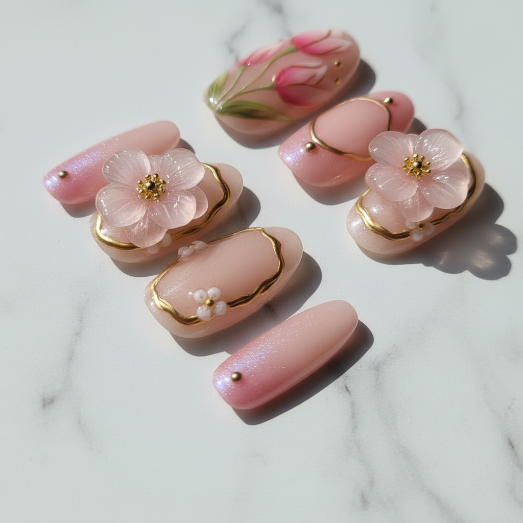 Pink blossom aurora shimmer jelly finish texture macro close-up white marble custom press-on nails — LuxepressCo