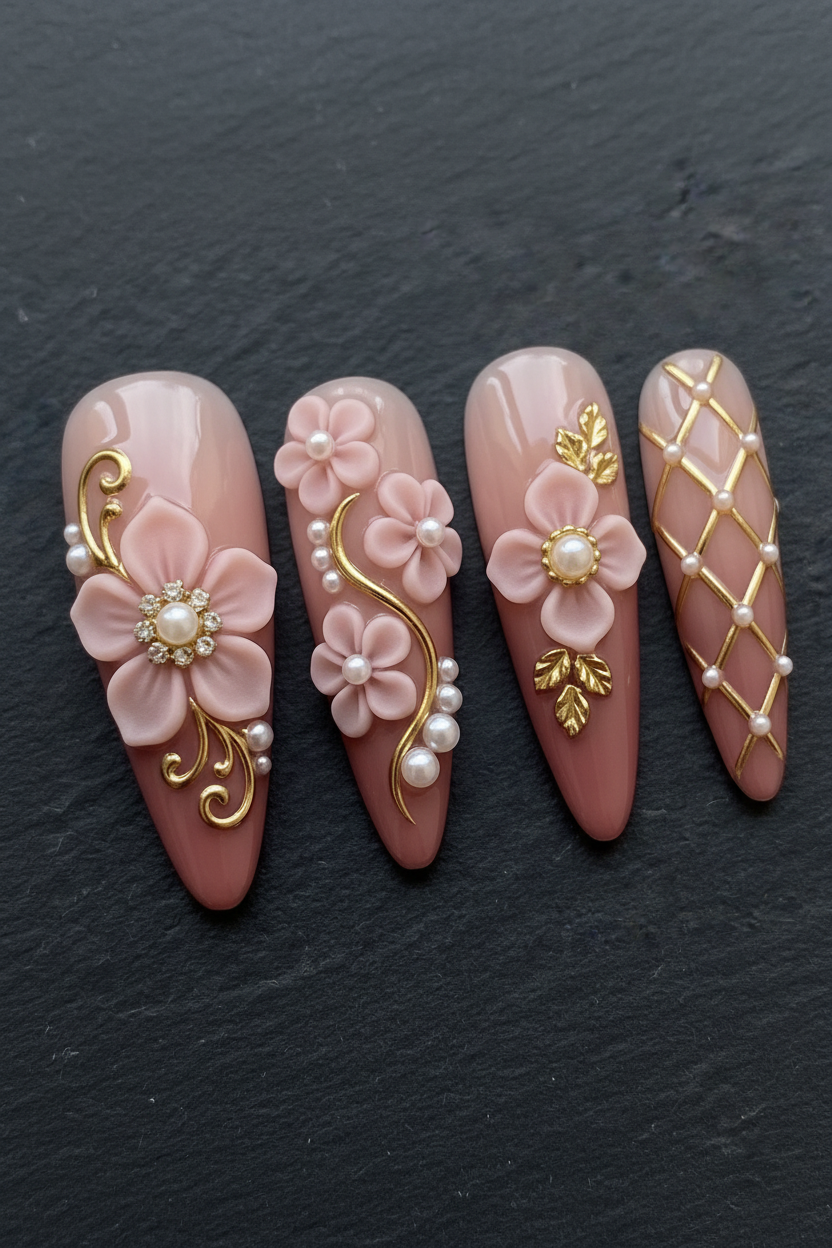 Close-up macro 3D pink flower rhinestone pearl gold swirl almond press-on nails dramatic lighting custom press-on nails — LuxepressCo