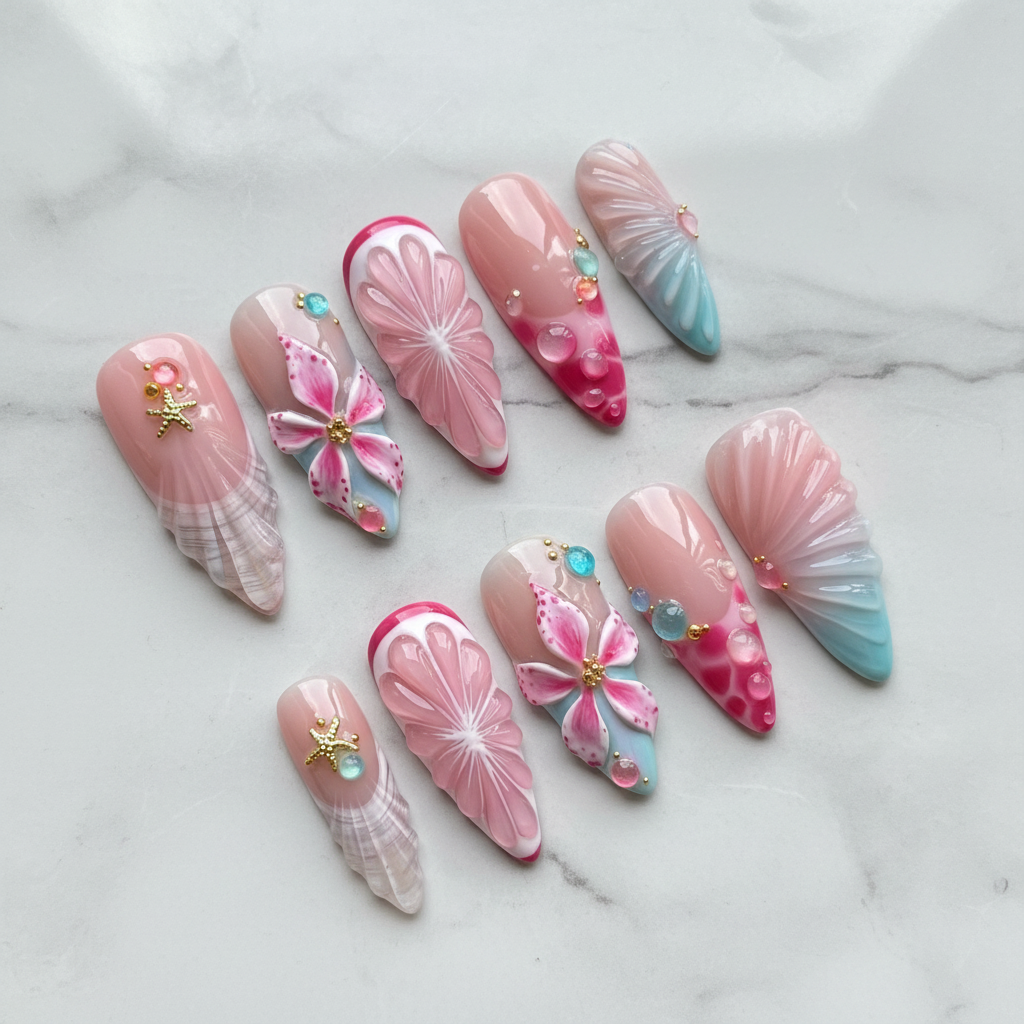 Hero studio shot full set 10 mermaid shell 3D flower custom press-on nails pink pearl white marble — LuxepressCo