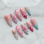 Hero studio shot full set 10 mermaid shell 3D flower custom press-on nails pink pearl white marble — LuxepressCo