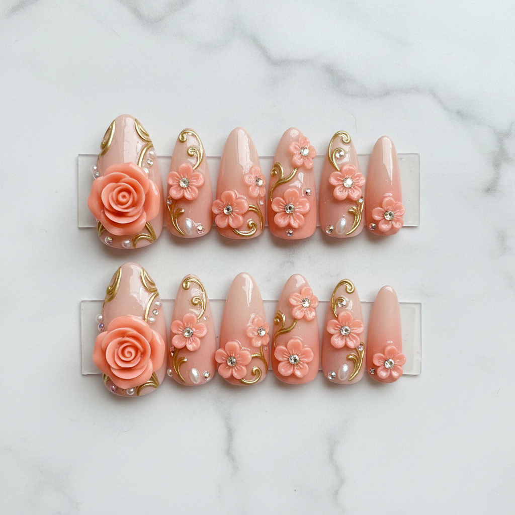 Flat lay top-down full set 10 3D peach rose gold filigree salon-quality nails white marble — LuxepressCo
