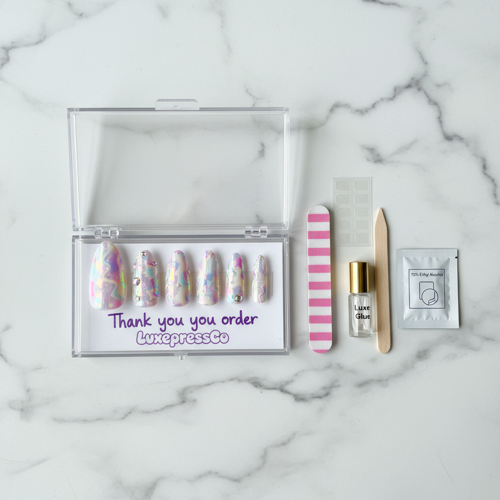 Luxury unboxing acrylic hinged box Y2K aurora star pearl maximalist press-on nails with accessories — LuxepressCo