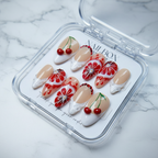 Full set 10 cherry blood orange ruby rhinestone 3D custom press-on nails on marble nude base — LuxepressCo