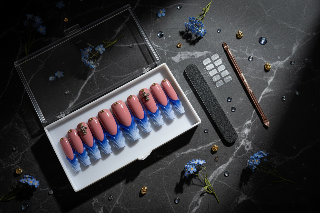 Luxury unboxing acrylic box dusty rose blue flame tip crystal cross press-on nails with accessories — LuxepressCo