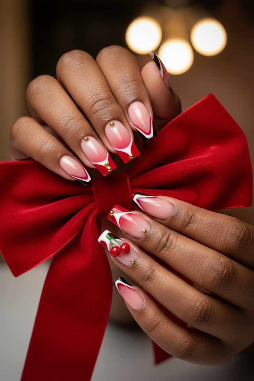 Dark-skin lifestyle cherry jelly ombre black french tip custom press-on nails holding red velvet ribbon — LuxepressCo