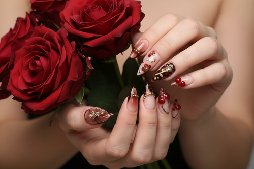Light skin hands holding red roses wearing dark leopard floral stiletto custom press-on nails — LuxepressCo