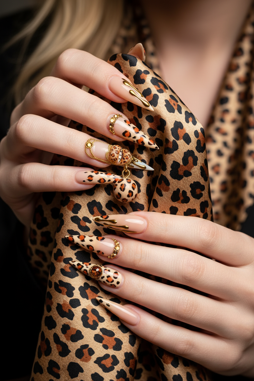 Fair-skin lifestyle leopard print gold chrome drip crown custom press-on nails holding leopard silk scarf — LuxepressCo