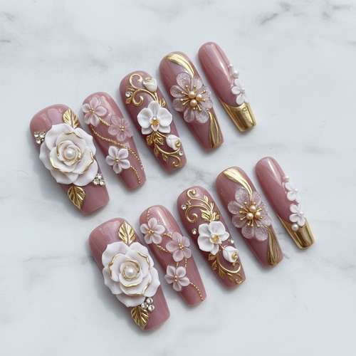 Full set 10 luxury 3D floral coffin custom press-on nails on marble background — LuxepressCo