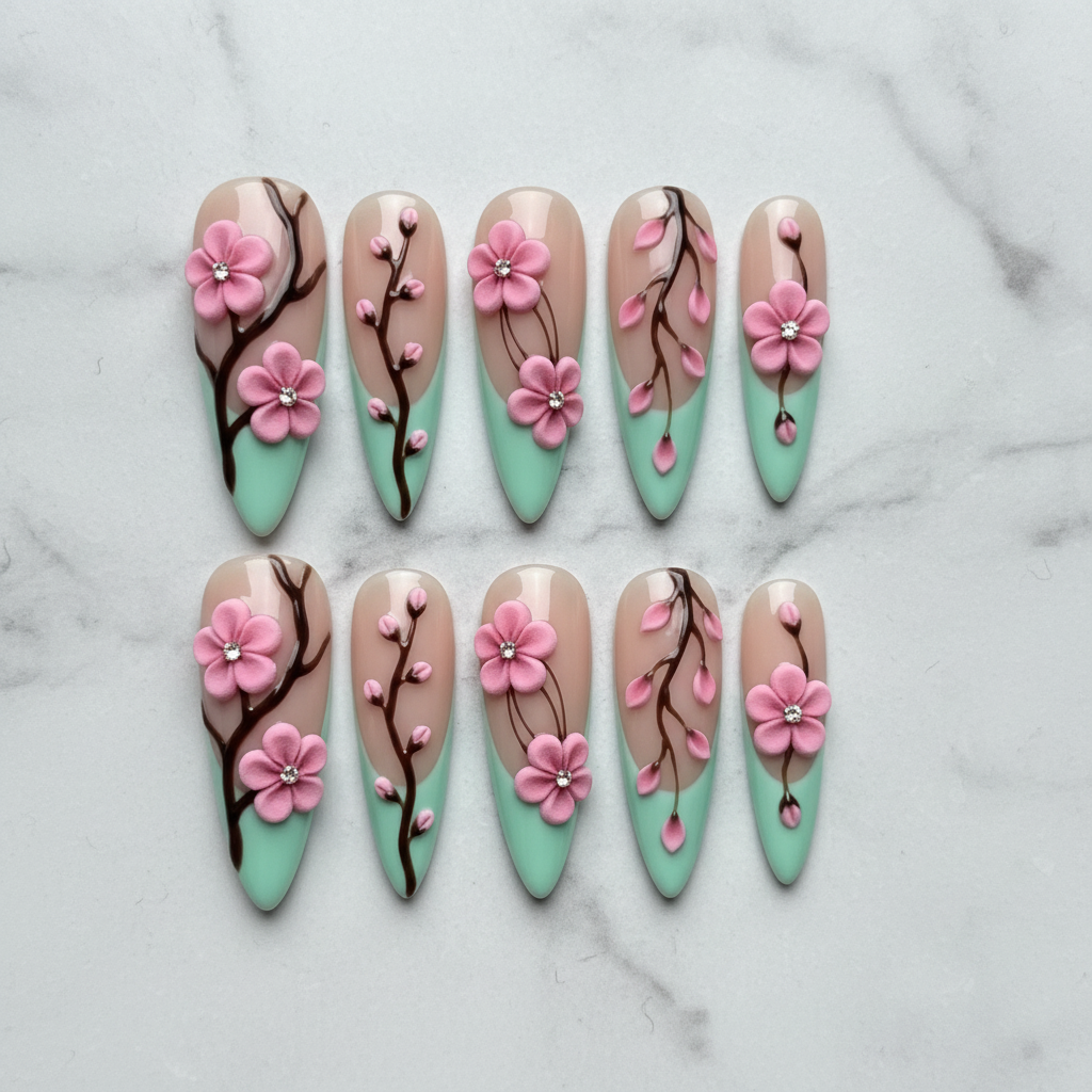 Flat lay top-down full set 10 cherry blossom 3D custom press-on nails white marble — LuxepressCo