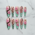 Flat lay top-down full set 10 cherry blossom 3D custom press-on nails white marble — LuxepressCo