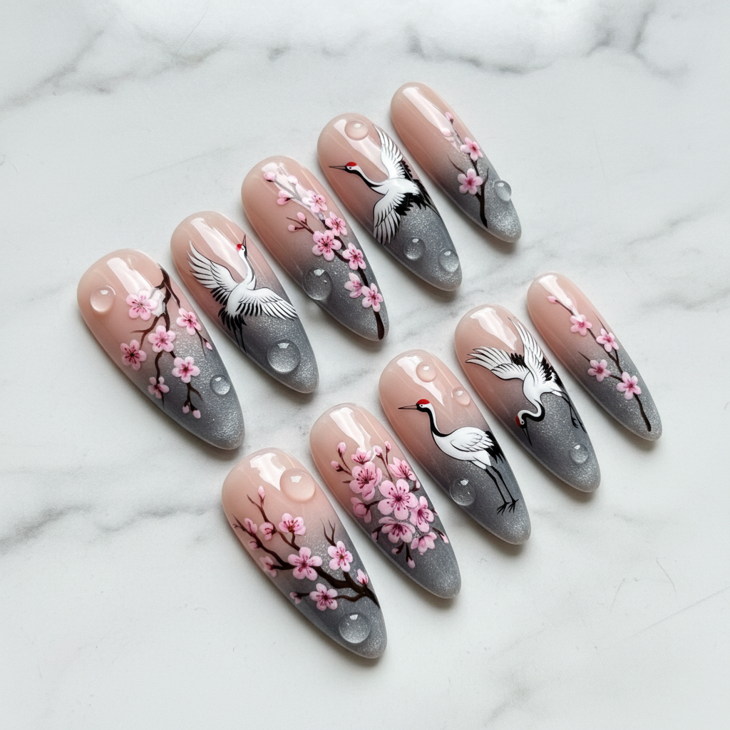 Full set 10 Japanese crane cherry blossom custom press-on nails studio white marble background — LuxepressCo