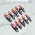 Full set 10 Japanese crane cherry blossom custom press-on nails studio white marble background — LuxepressCo