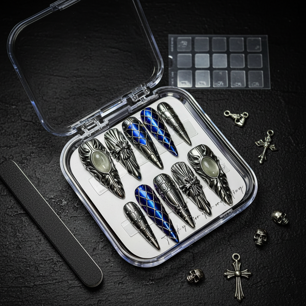 Luxury unboxing acrylic box gunmetal gothic armor moonstone reusable press-on nails with accessories — LuxepressCo