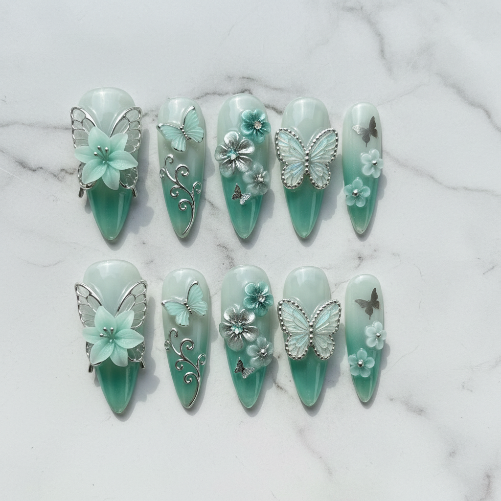 Flat lay top-down full set 10 mint green 3D butterfly flower custom press-on nails — LuxepressCo