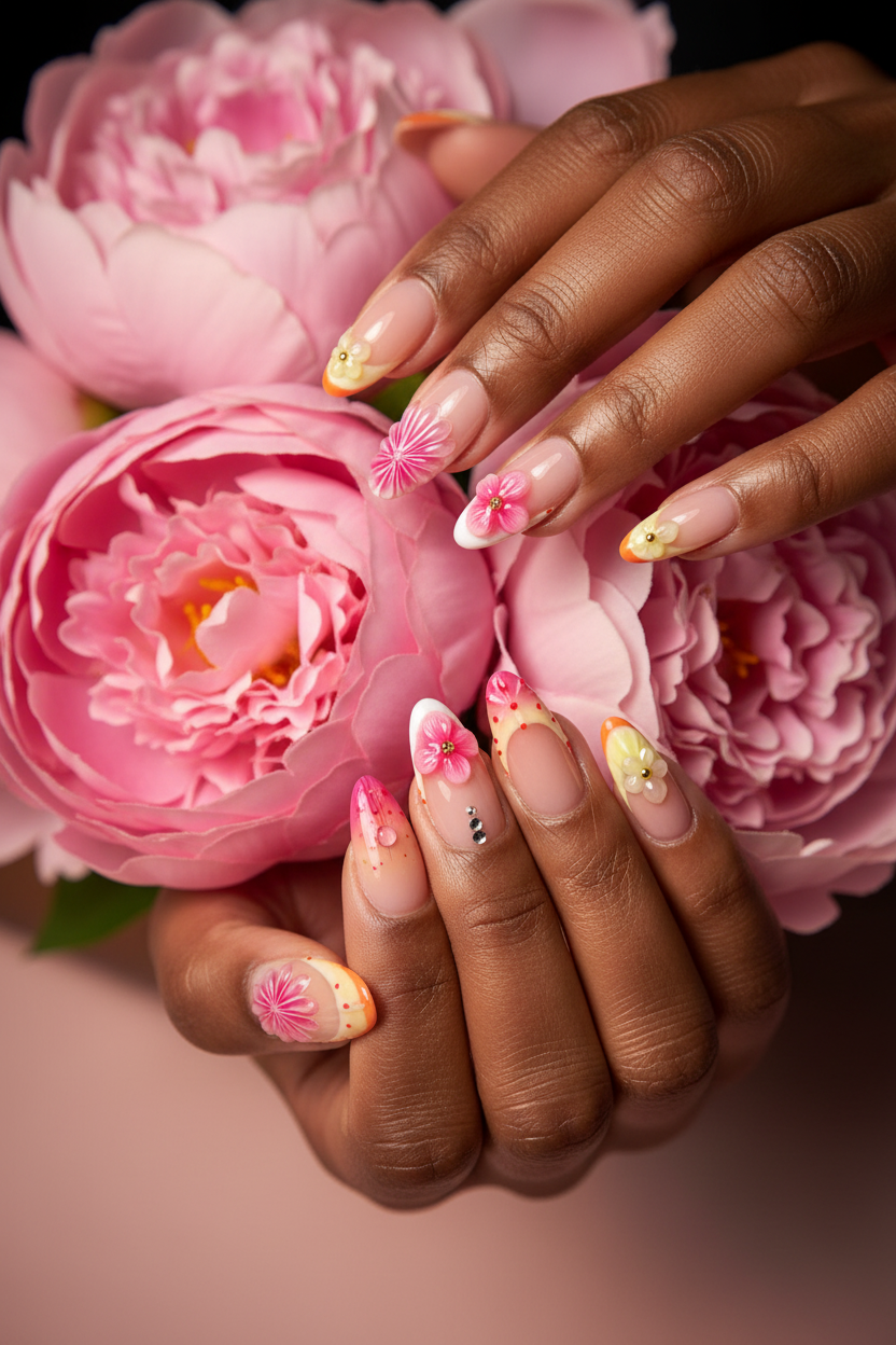 Dark skin hands wearing petal citrus sheer jelly custom press-on nails holding pink peony bouquet — LuxepressCo