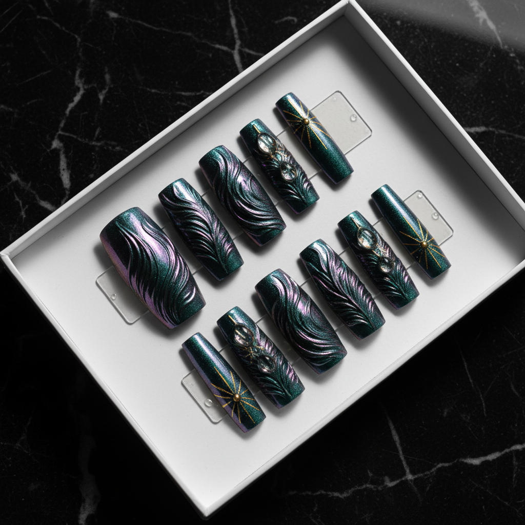 Teal chrome aurora purple pink 3D feather relief gold foil custom press-on nails coffin full set on dark marble — LuxepressCo