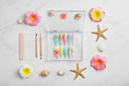 Luxury acrylic box unboxing pastel ocean pearl 3D tropical floral sea charm stiletto custom press-on nails — LuxepressCo