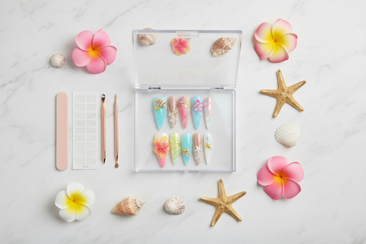 Luxury acrylic box unboxing pastel ocean pearl 3D tropical floral sea charm stiletto custom press-on nails — LuxepressCo