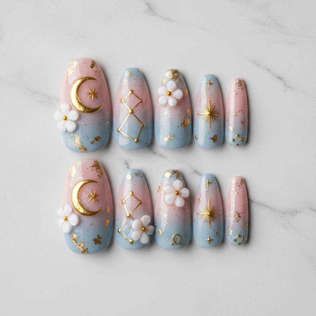 Flat lay top-down full set 10 celestial floral custom press-on nails white marble background — LuxepressCo