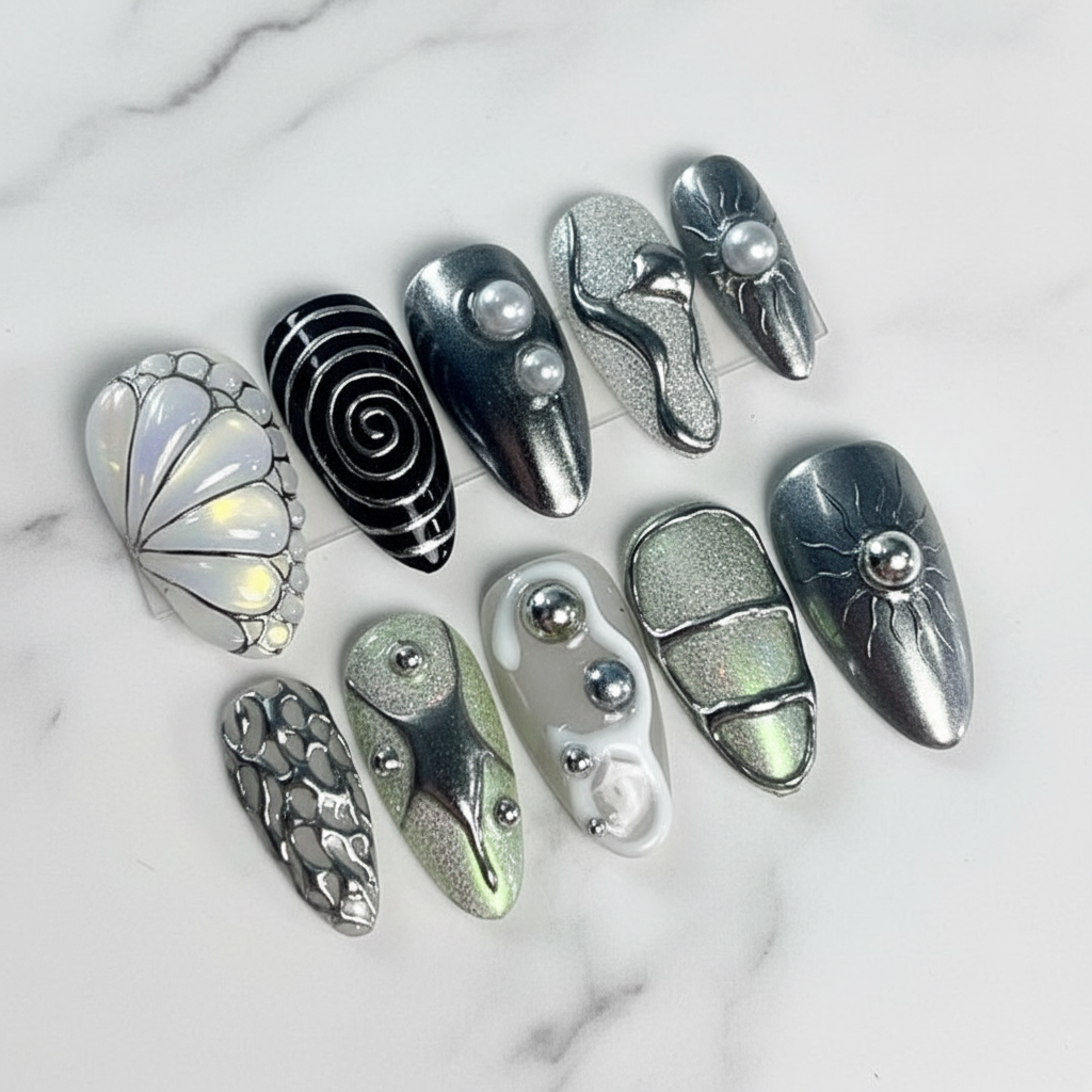 Gothic silver black chrome butterfly scale custom press-on nails almond full set on marble — LuxepressCo
