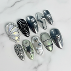 Gothic silver black chrome butterfly scale custom press-on nails almond full set on marble — LuxepressCo
