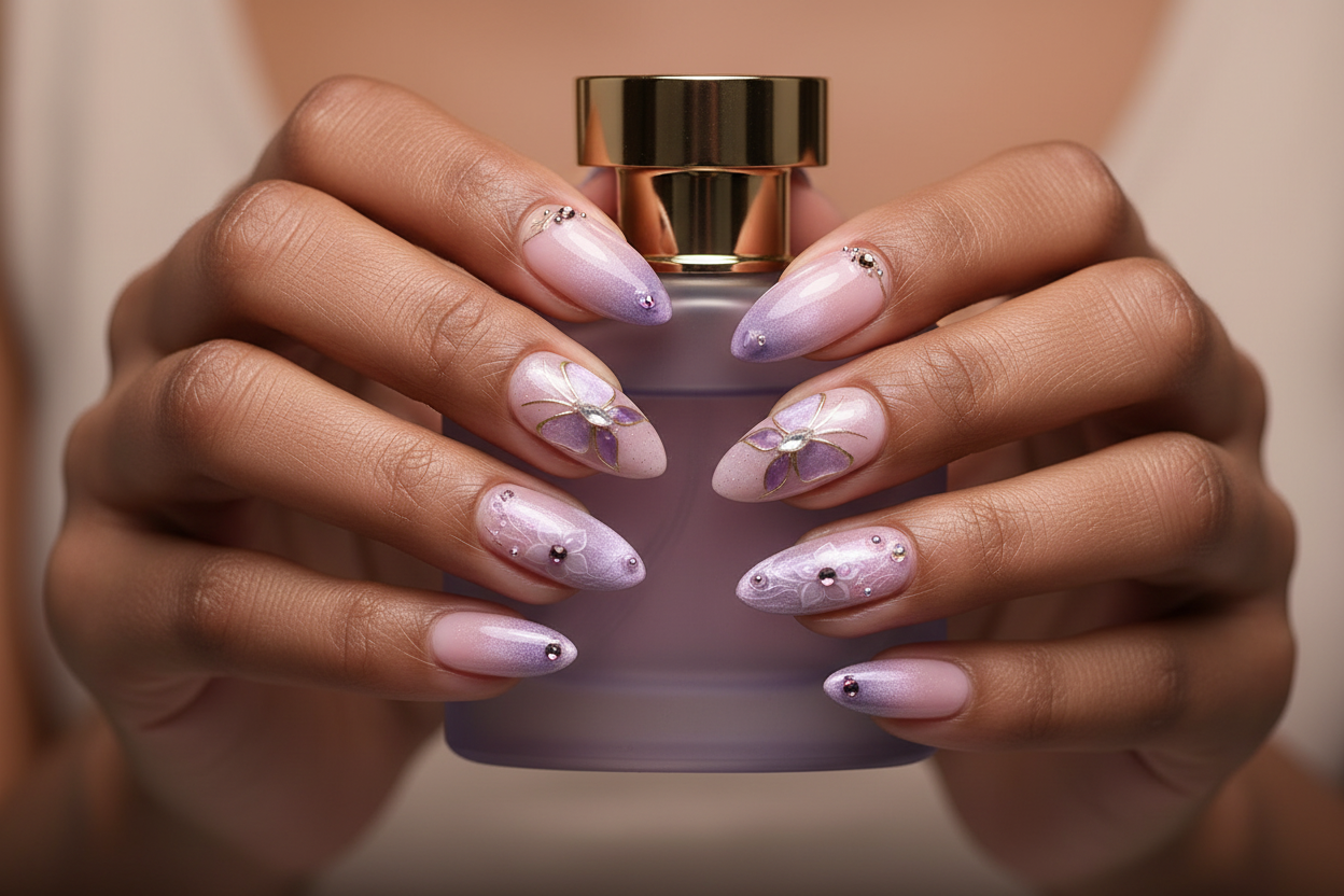 Dark skin hands holding purple perfume wearing purple butterfly aurora custom press-on nails lavender dream — LuxepressCo