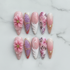 Flat lay top-down full set 10 luxury custom press-on nails 3D floral butterfly pink purple ombre — LuxepressCo