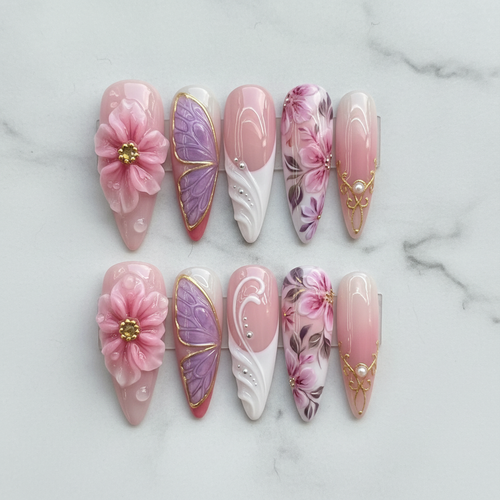 Flat lay top-down full set 10 luxury custom press-on nails 3D floral butterfly pink purple ombre — LuxepressCo