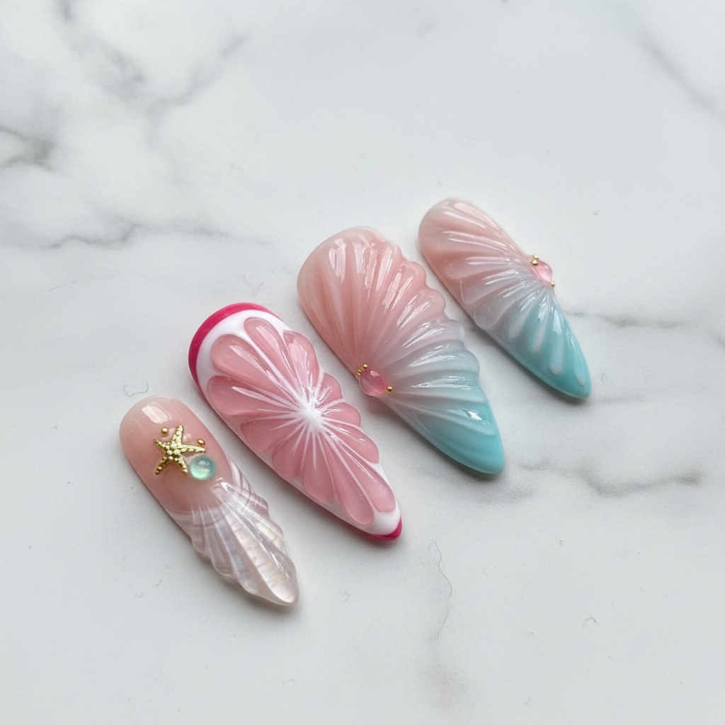 Macro iridescent shell conch texture gold starfish charm teal pink ombre fan shell almond reusable nails marble — LuxepressCo