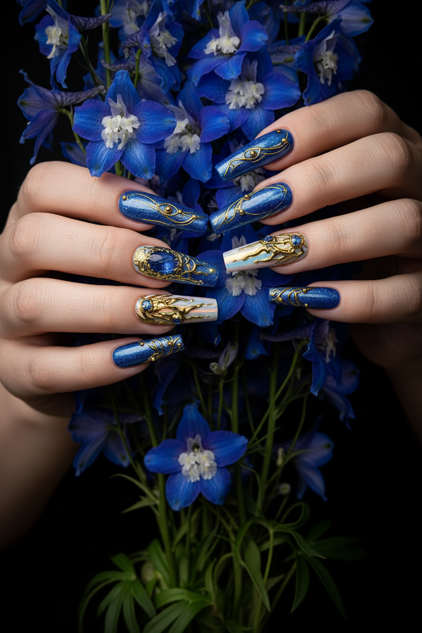 Fair-skin lifestyle royal blue sapphire gold baroque 3D filigree custom press-on nails holding blue flowers — LuxepressCo