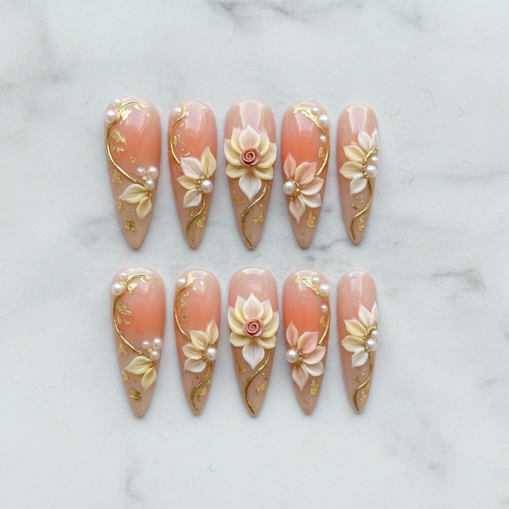 Flat lay top-down full set 10 peach 3D floral gold foil pearl stiletto salon-quality press-on nails — LuxepressCo