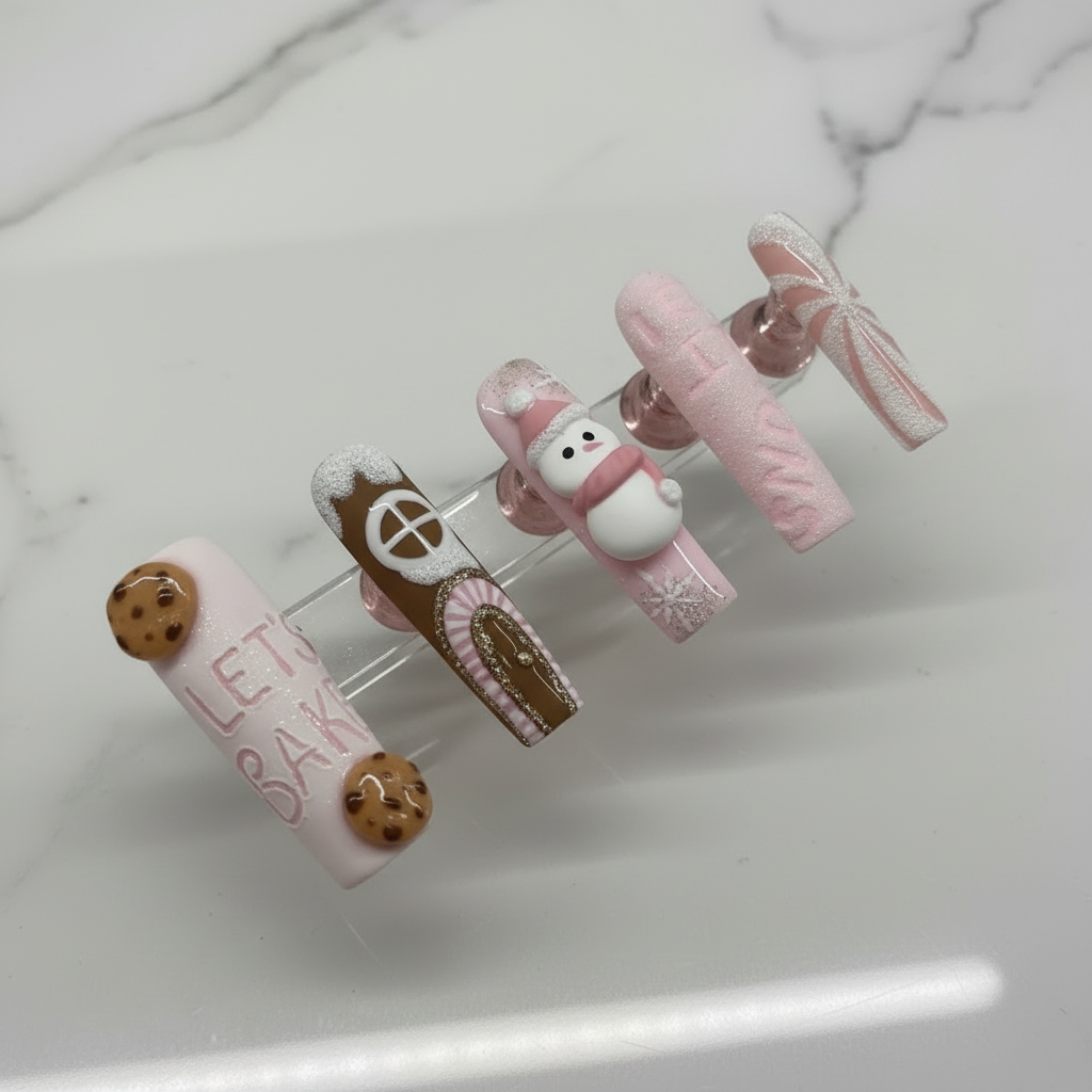 Christmas pink coffin press-on nails snowman texture gloss macro custom — LuxepressCo