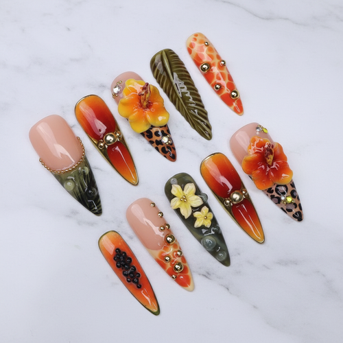 Tropical maximalist 3D hibiscus leopard print custom press-on nails orange ombre papaya olive feather full set flat lay — LuxepressCo