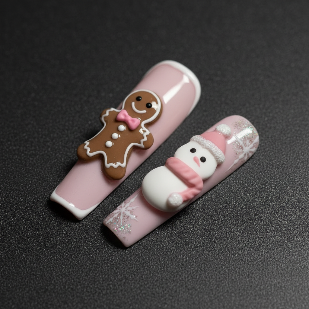 Christmas gingerbread snowman close-up custom press-on nails pink pastel dramatic — LuxepressCo
