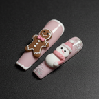 Christmas gingerbread snowman close-up custom press-on nails pink pastel dramatic — LuxepressCo