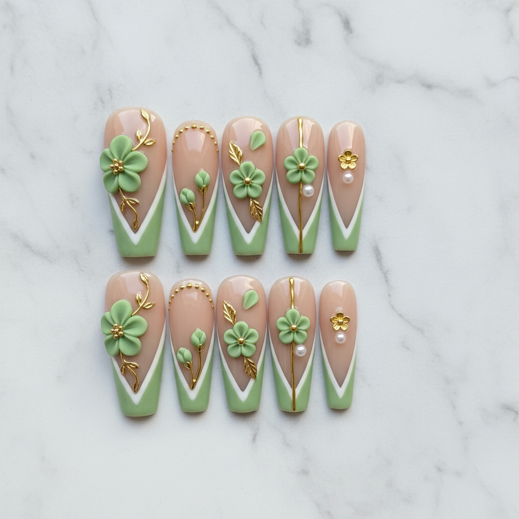 Flat lay top-down 10 sage green 3D floral custom press-on nails arranged neatly white marble studio — LuxepressCo