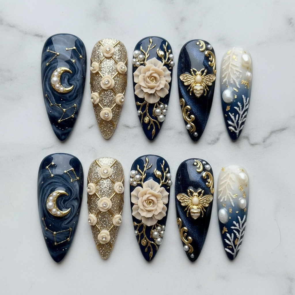 Hero studio shot full set 10 celestial baroque custom press-on nails navy blue gold marble white background — LuxepressCo