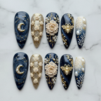Hero studio shot full set 10 celestial baroque custom press-on nails navy blue gold marble white background — LuxepressCo