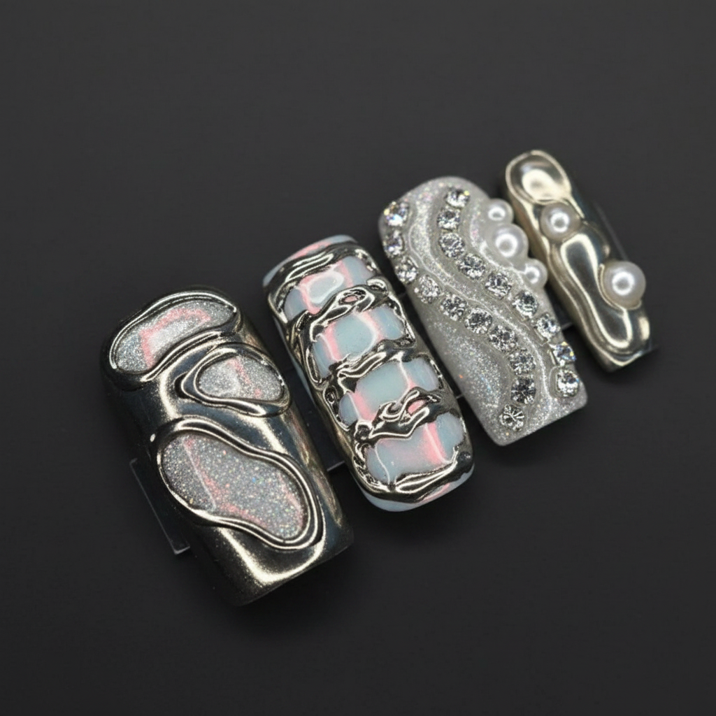 Macro close-up 3D silver chrome liquid metal swirl holographic plaid rhinestone chain custom press-on nails detail — LuxepressCo