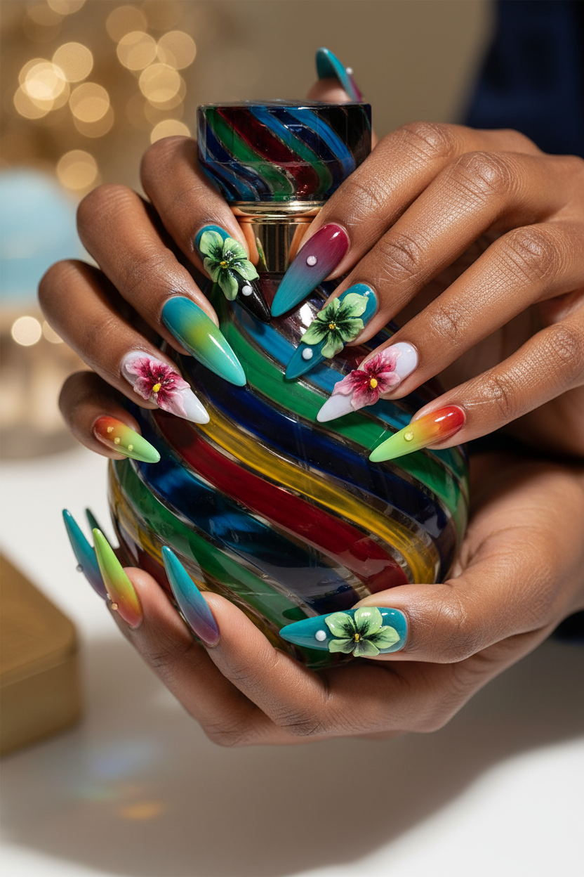 Dark-skin hands holding colorful perfume wearing vivid ombre 3D floral reusable press-on nails — LuxepressCo
