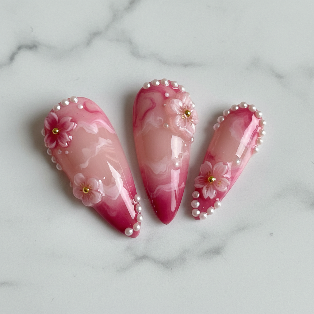 Macro close-up blush rose gradient marble swirl 3D floral pearl custom press-on nails almond stiletto — LuxepressCo