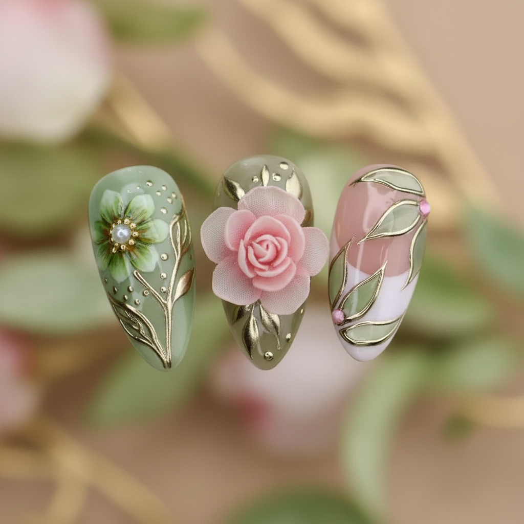 Macro close-up 3D pink chiffon flower gold enamel leaf vine hand-painted botanical sage green nude custom press-on nails detail — LuxepressCo