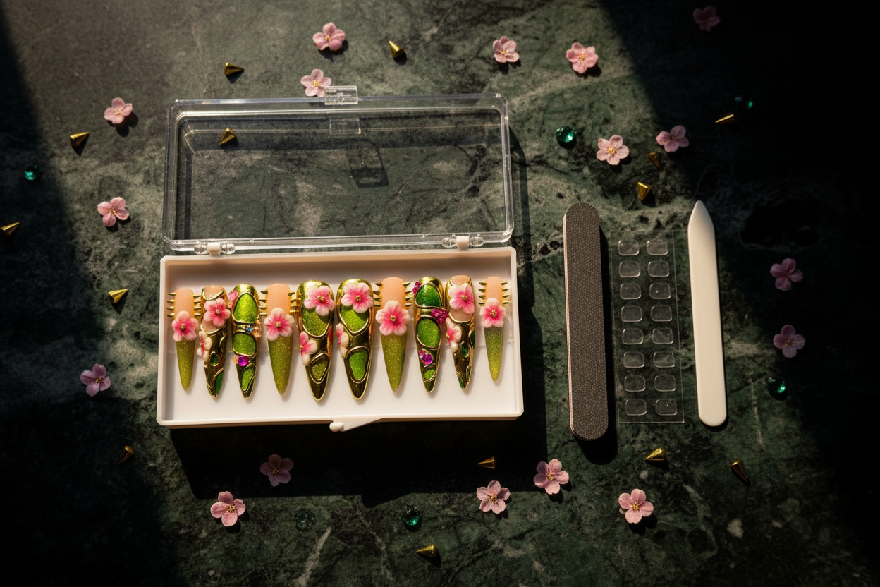 Luxury unboxing acrylic box gold chrome armor green cat-eye cherry blossom stiletto press-on nails with accessories — LuxepressCo