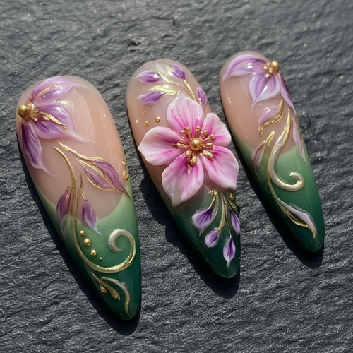 Close-up 3D cherry blossom floral nail art purple pink gold custom press-on nails dramatic lighting — LuxepressCo